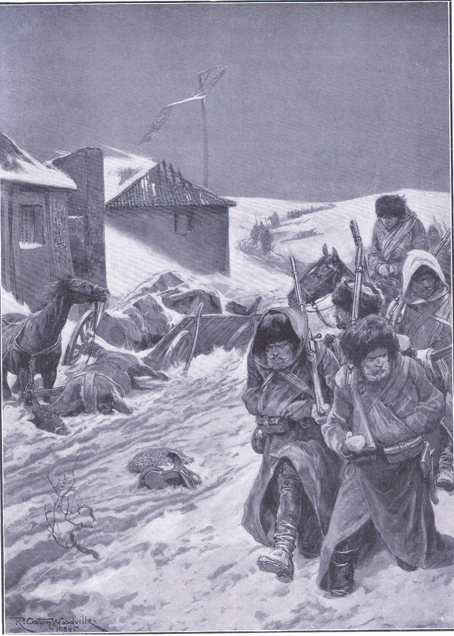 Den uendelige marsj østover: Et kjent syn på veien, illustrasjon fra Cassells History of the Russo-Japanese War Vol 1, ca. 1900 av Richard Caton Woodville