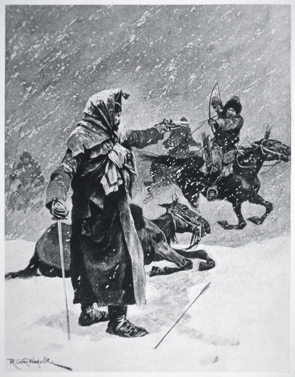 Tyrkisk-basjkirske kosakkbueskyttere forfulgte og forfulgte tilbaketrekningen av Napoleons hær fra Russland i 1812 (farge litho) av Richard Caton Woodville