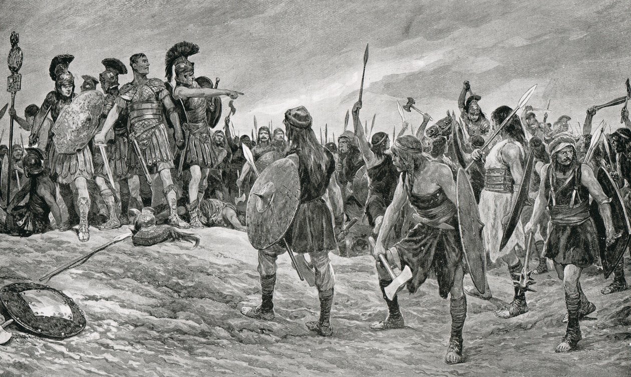 Vespasian reddet av sønnen Titus, illustrasjon fra 'Hutchinson's History of the Nations', ca. 1910 av Richard Caton Woodville