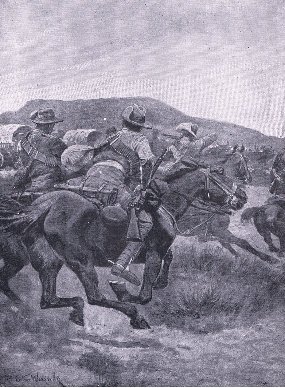 Yeomanry angriper De Wets bakvakt og transport, fra After Pretoria: The Guerilla War utgitt av Harmsworth Bros Limited, 1901 av Richard Caton Woodville