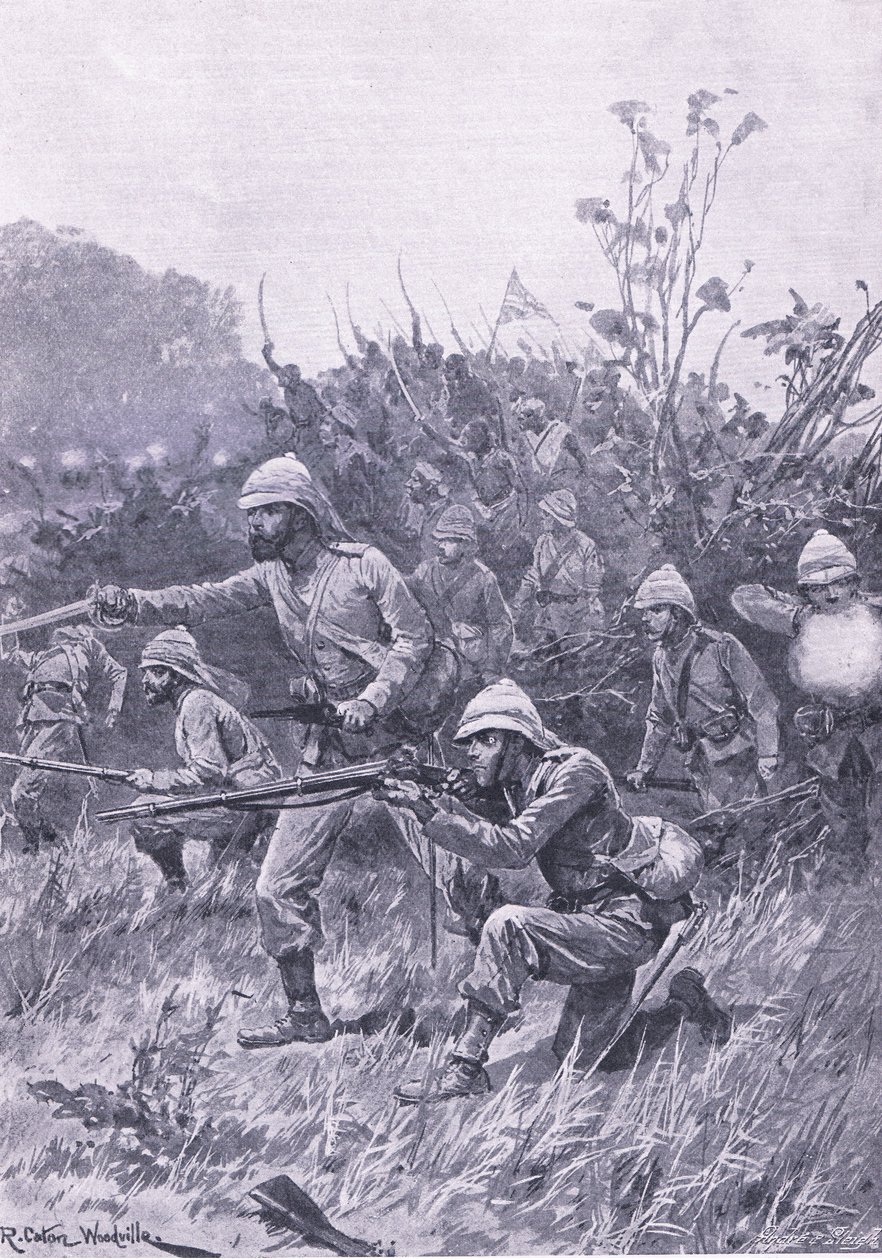 Fremskritt for de britiske styrkene i Ashanti-kampanjen i 1873, illustrasjon fra British Battles on Land and Sea, 1915 av Richard Caton Woodville junior