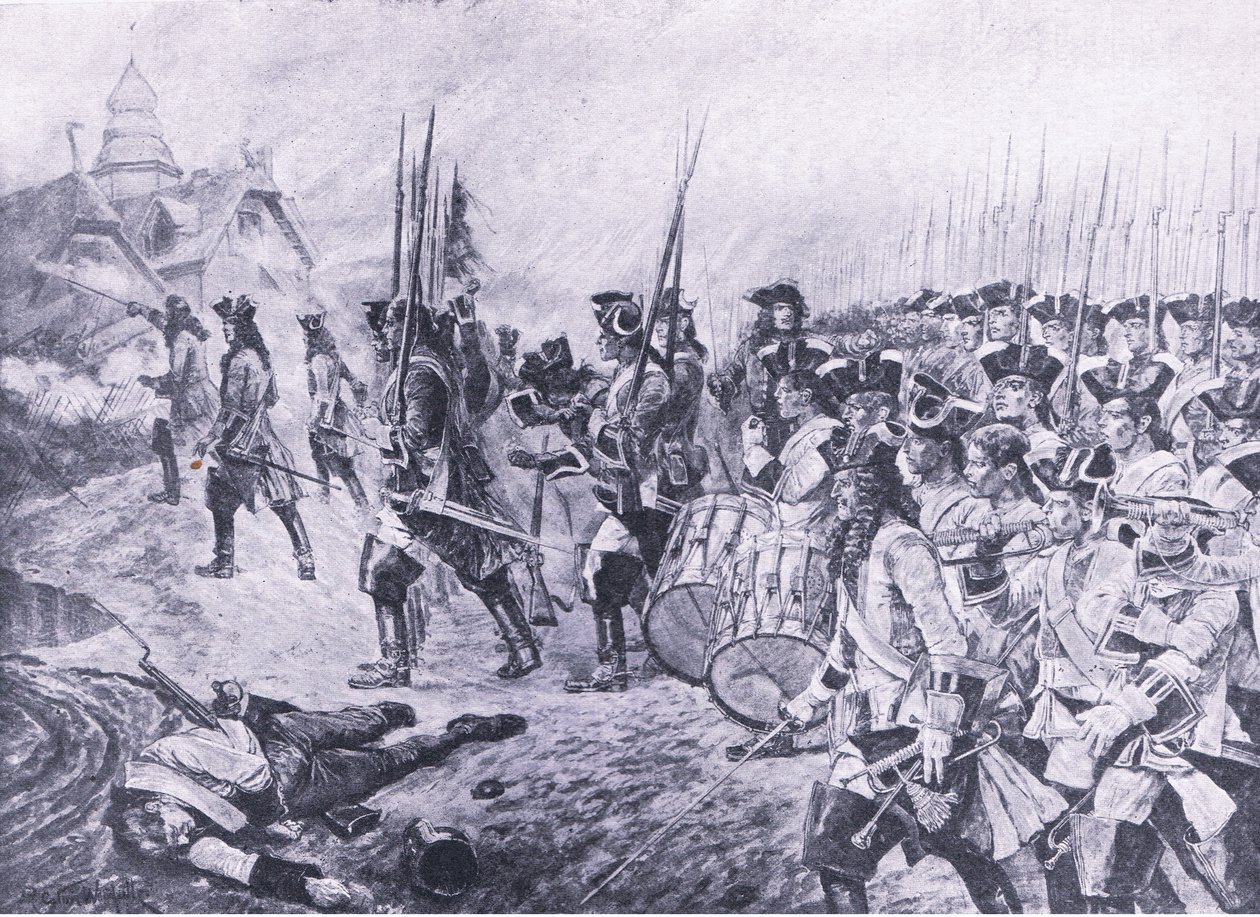 Blenheim, 13. august 1704: Storming av landsbyen, illustrasjon fra britiske slag på land og hav, 1915 av Richard Caton Woodville junior