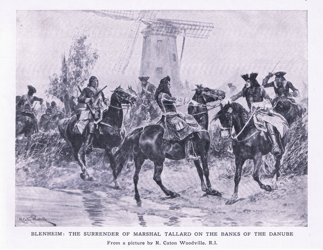 Blenheim, 13. august 1704: Overgivelsen av Marshall Tallard på bredden av Donau, illustrasjon fra britiske slag på land og hav, 1915 av Richard Caton Woodville junior