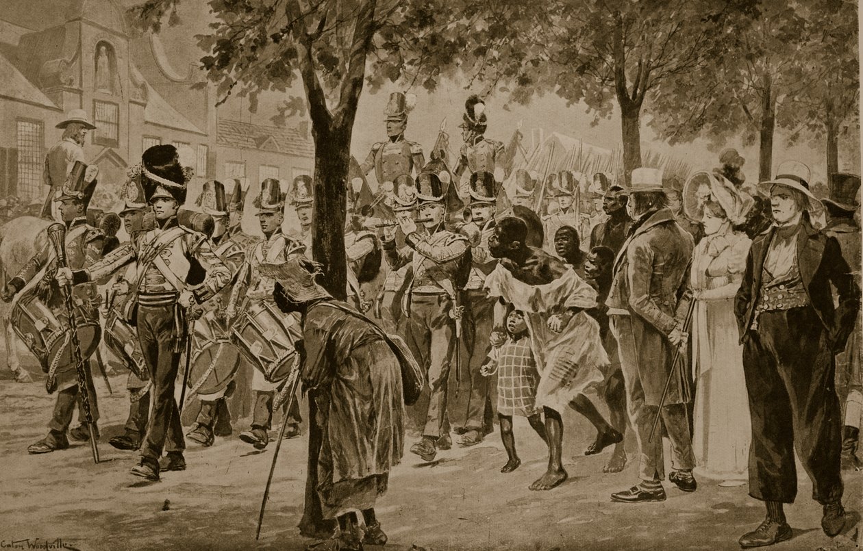 Britiske styrker marsjerer inn i Cape Town, 1814, illustrasjon fra 