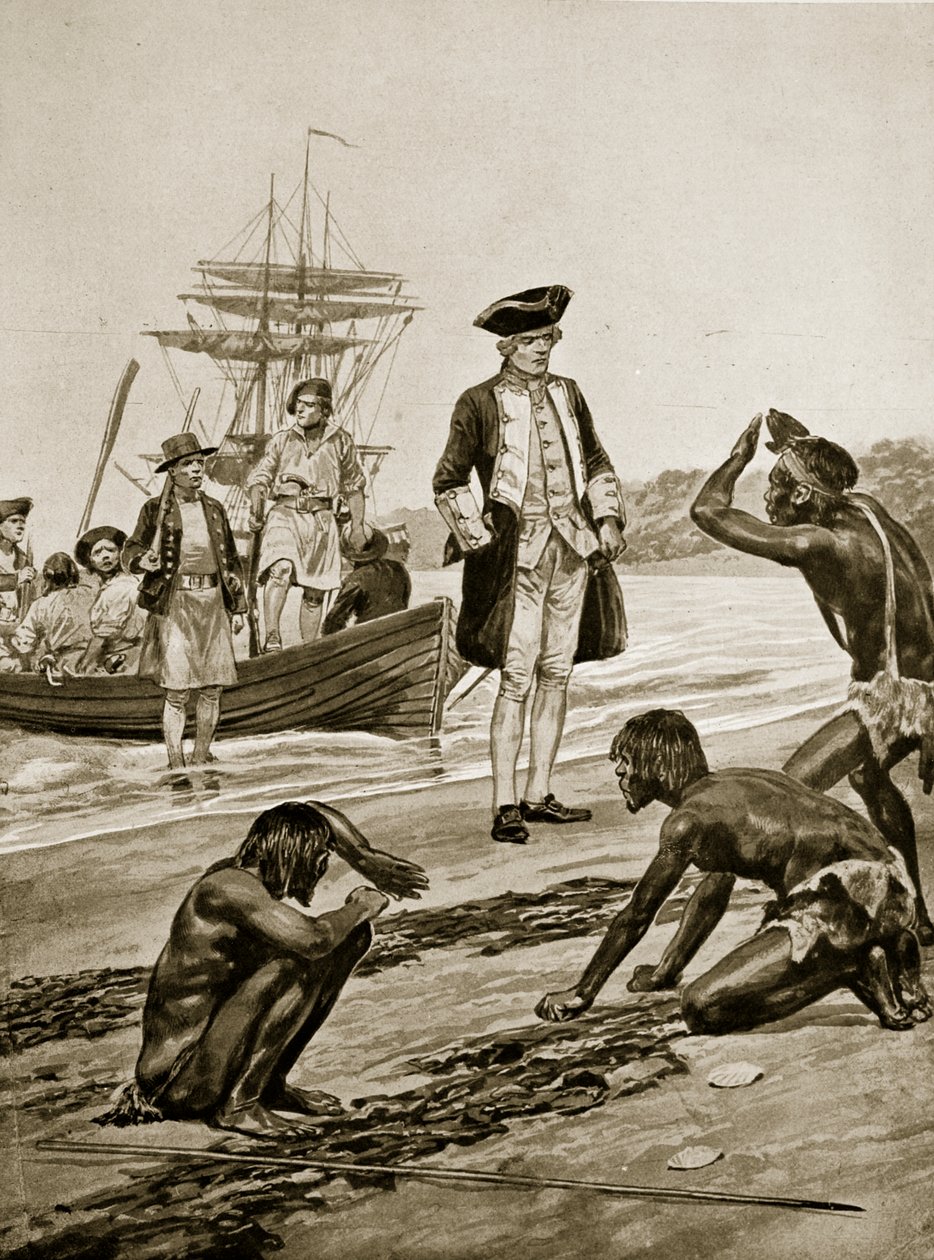 Kaptein Cook lander i Tasmania, 1777, illustrasjon fra 