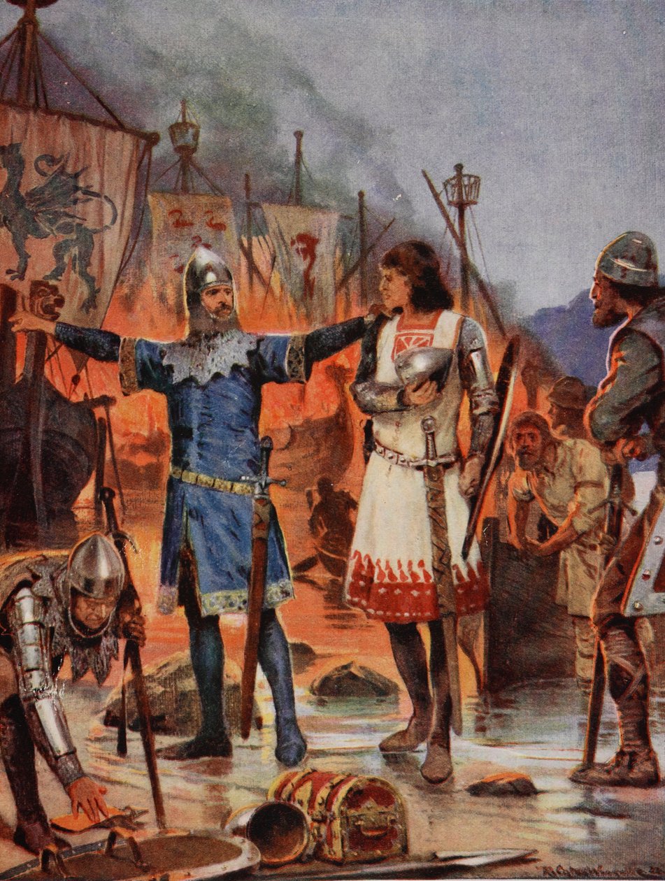 FitzStephen brenner sine båter, 1169, illustrasjon fra 'Hutchinson's Story of the British Nation', ca. 1923 av Richard Caton Woodville junior