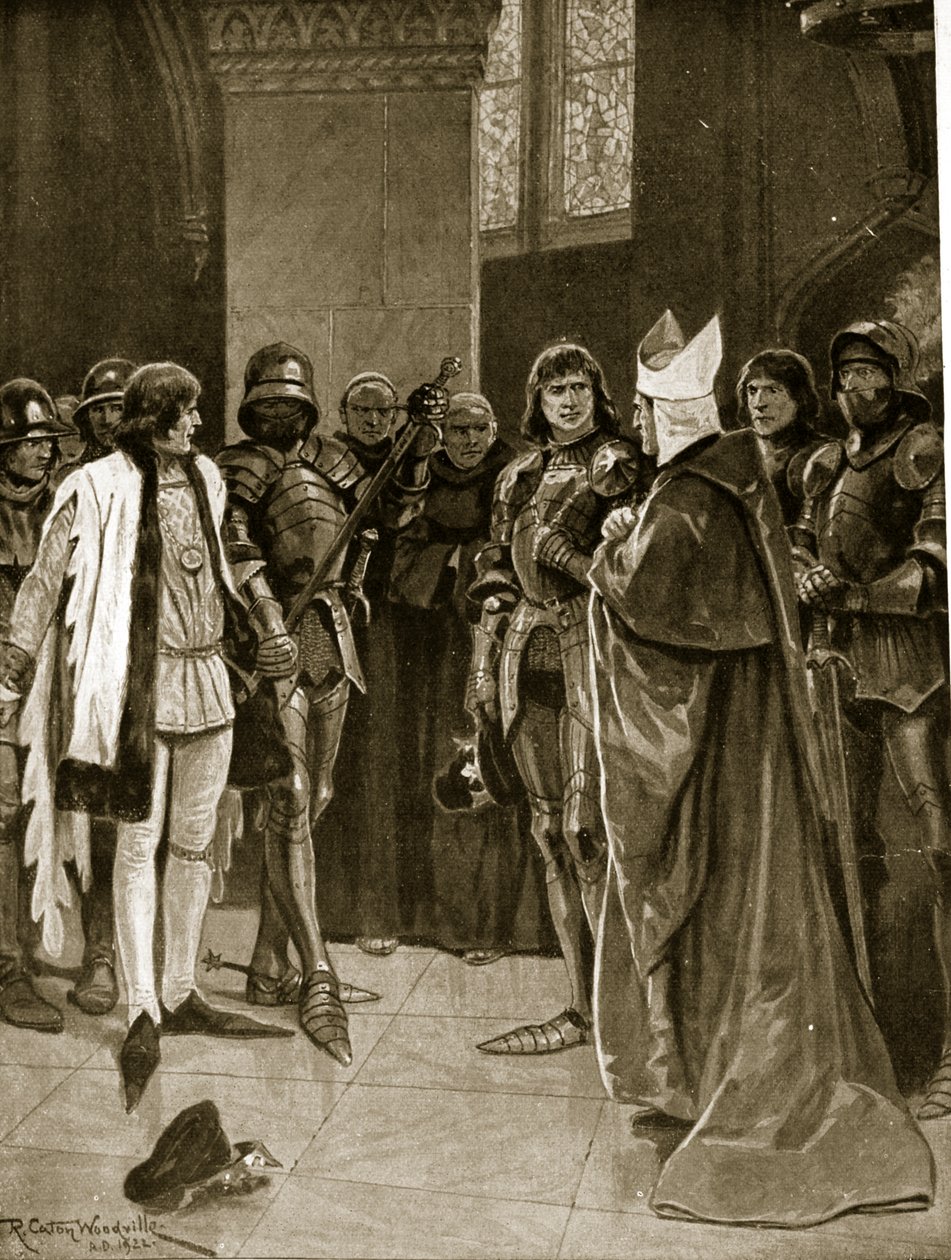Henry VI blir levert til Edward IV ved St. Paul's, 1401, illustrasjon fra 'Hutchinson's Story of the British Nation', ca. 1923 av Richard Caton Woodville junior