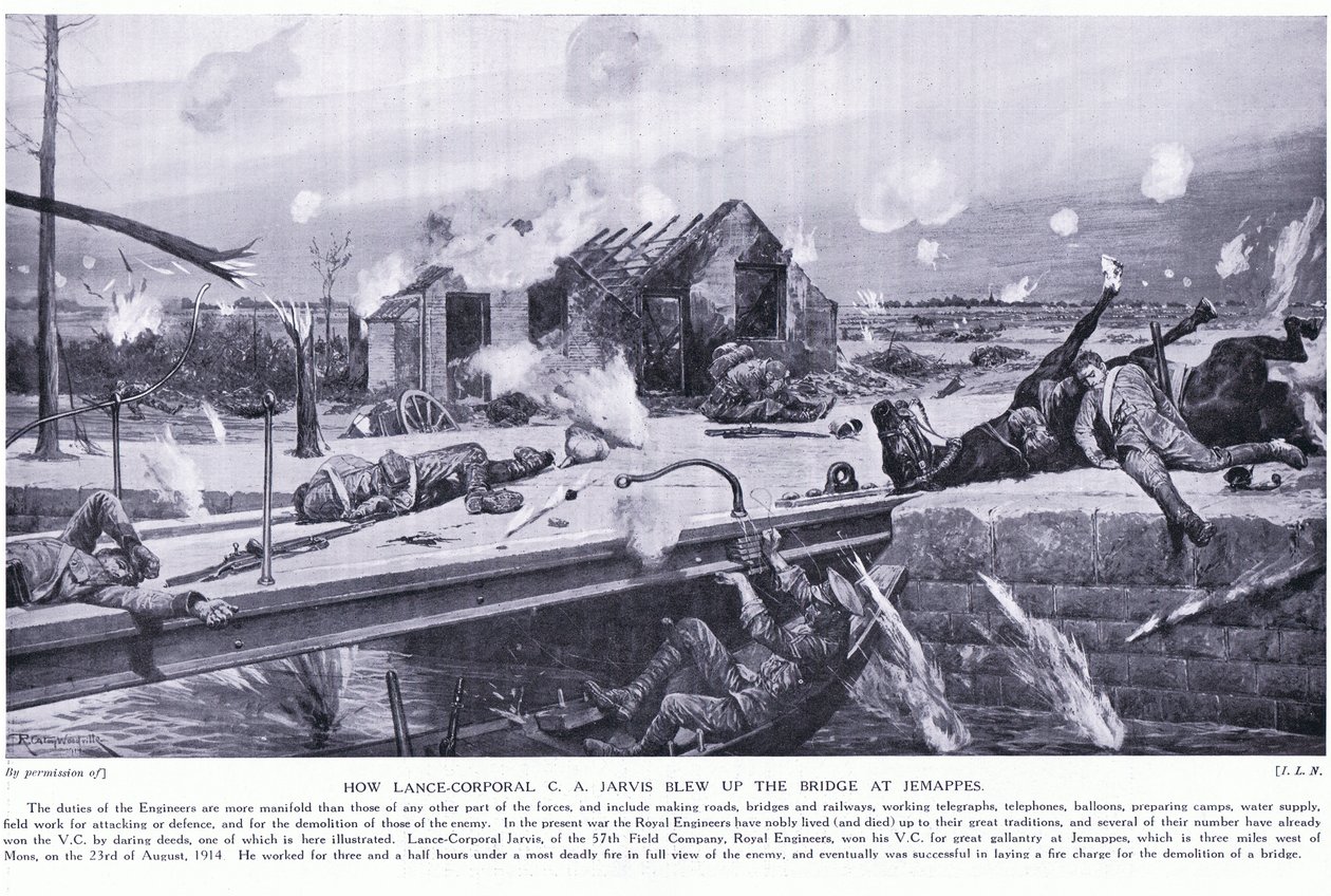 Hvordan underkorporal CA Jarvis sprengte en bro ved Jemappes nær Mons og vant VC, august 1914 av Richard Caton Woodville junior