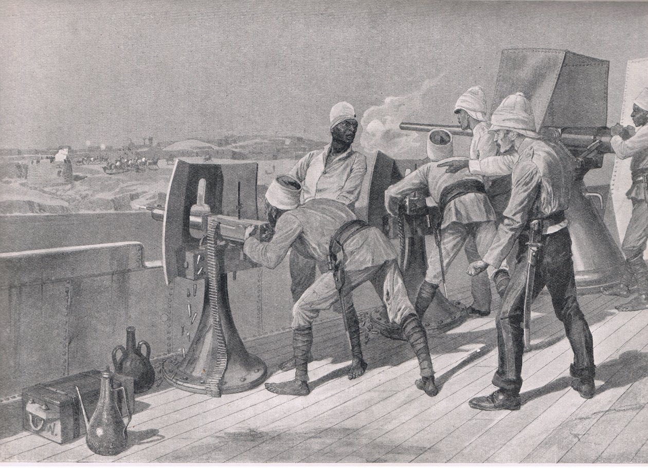 På vei oppover Nilen: Firing at the Dervishes, illustrasjon fra British Battles on Land and Sea, 1915 av Richard Caton Woodville junior