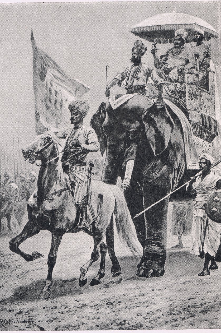 Suraj-ud-Daula ved Plessey, 23. juni 1757, illustrasjon fra British Battles on Land and Sea, 1915 av Richard Caton Woodville junior