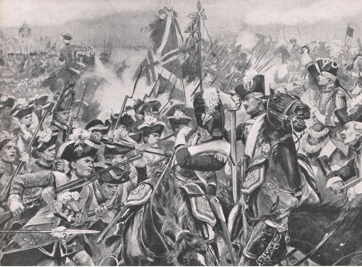 Slaget ved Minden, 1. august 1759, illustrasjon fra British Battles on Land and Sea, 1915 av Richard Caton Woodville junior