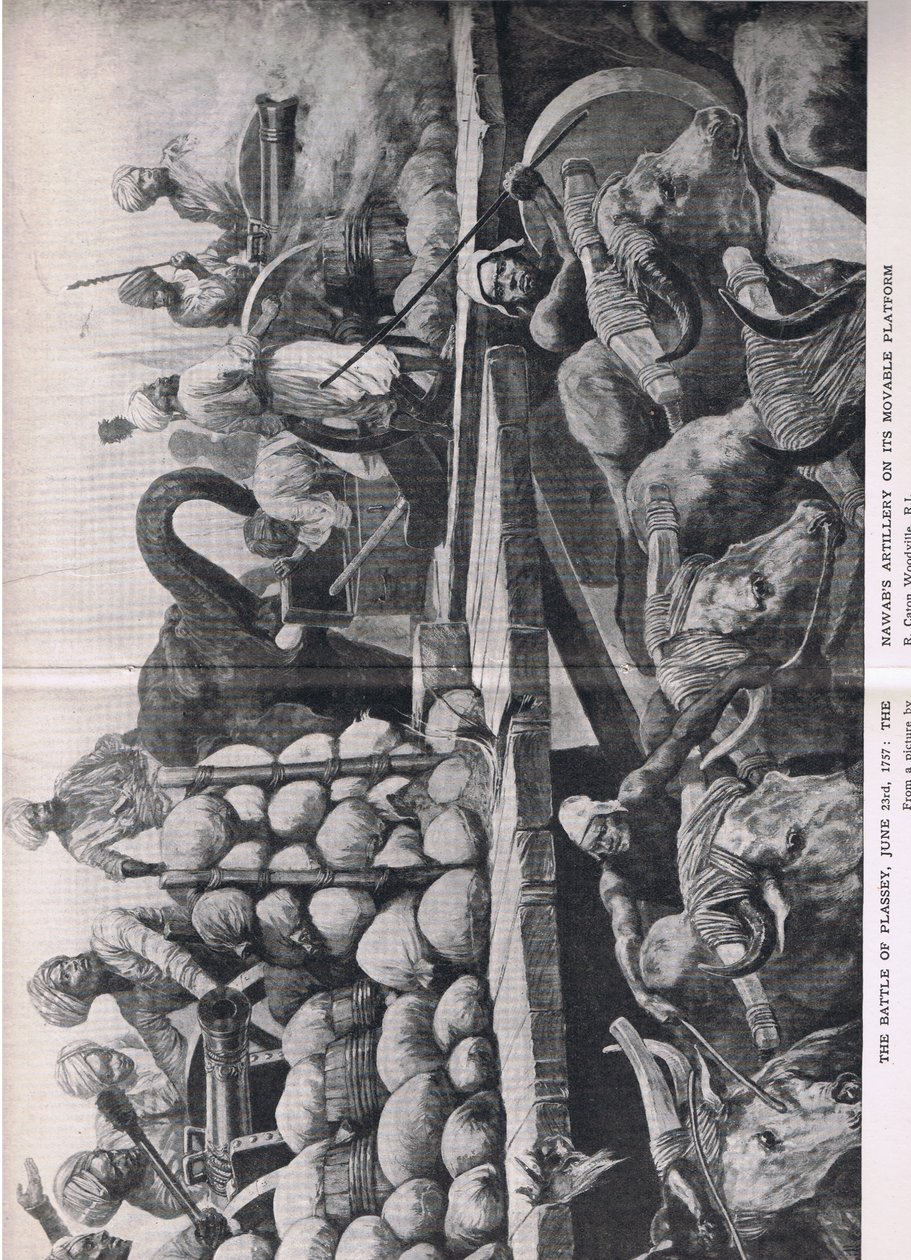 Slaget ved Plessey 23. juni 1757: Nawabs artilleri på sin bevegelige plattform, illustrasjon fra British Battles on Land and Sea, 1915 av Richard Caton Woodville junior
