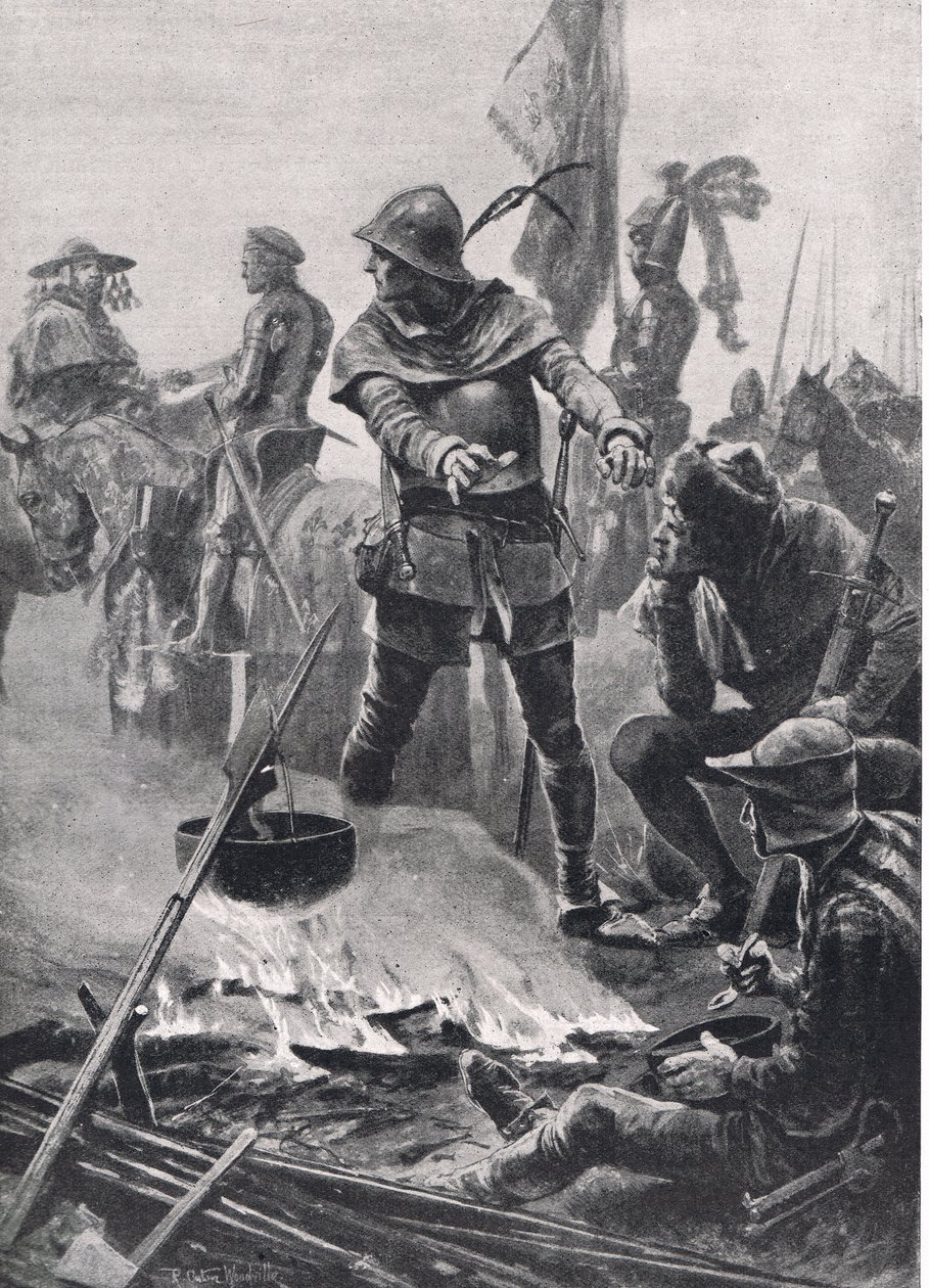 Prinsen av Wales tar avskjed med kardinal de Talleyrand-Perigord om morgenen slaget ved Poitiers, 19. september 1356, illustrasjon fra britiske slag på land og hav, utgitt av Casse av Richard Caton Woodville junior
