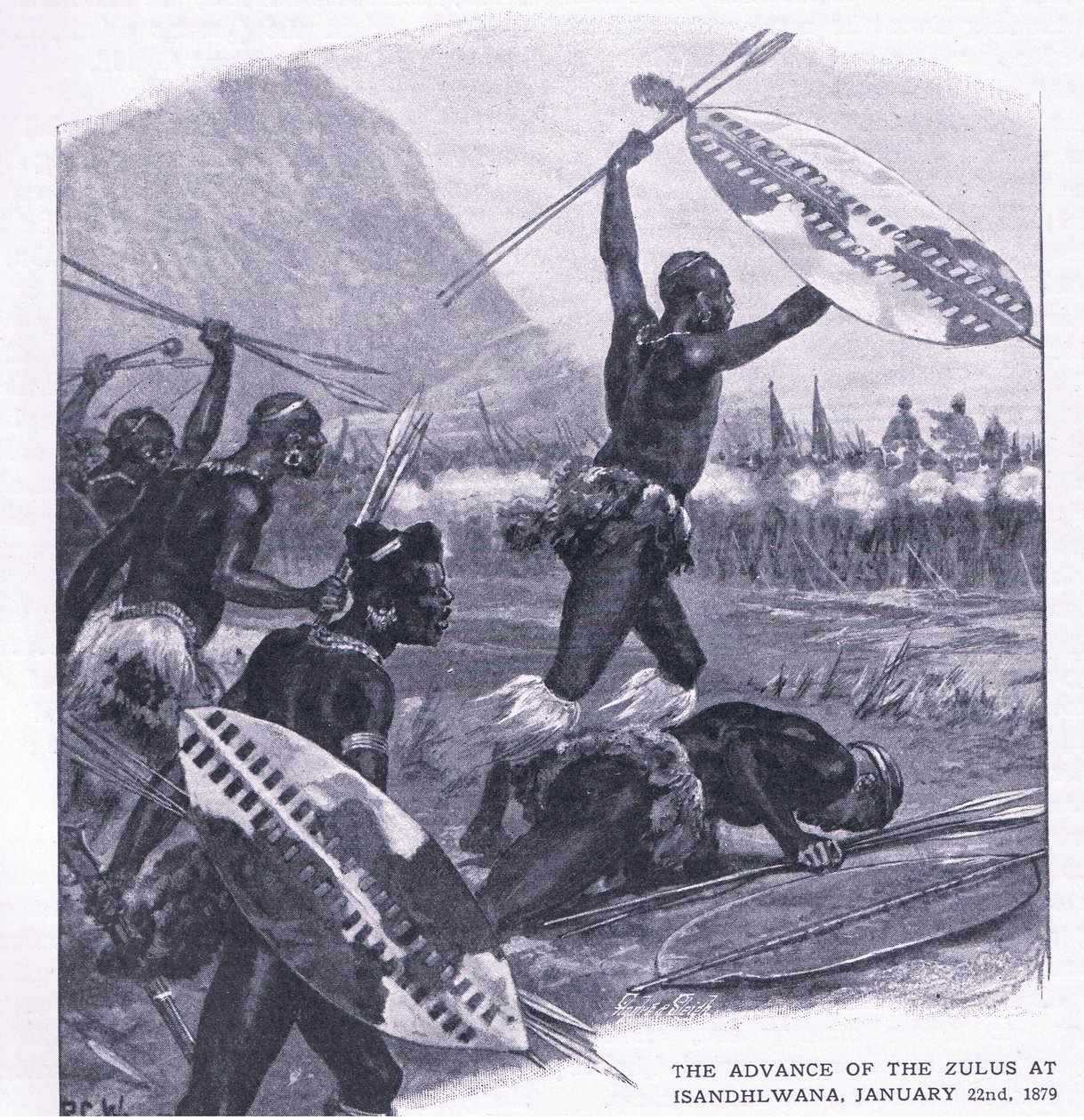 Zuluenes fremmarsj ved Isandhlwana 22. januar 1879, illustrasjon fra British Battles on Land and Sea, 1915 av Richard Caton Woodville junior