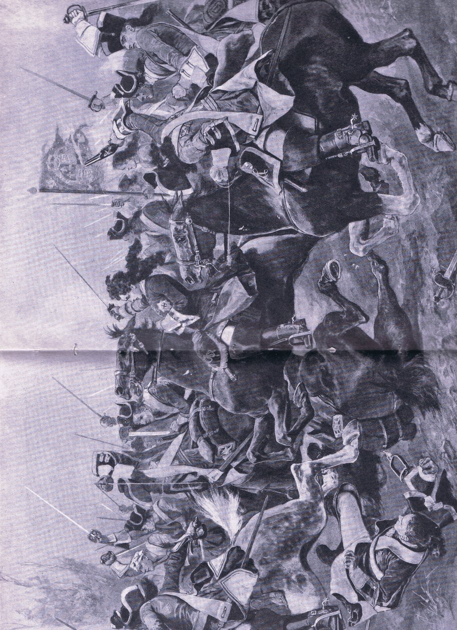 Kavalerikonflikten i slaget ved Ramilles, 3. mai 1706, illustrasjon fra British Battles on Land and Sea, 1915 av Richard Caton Woodville junior