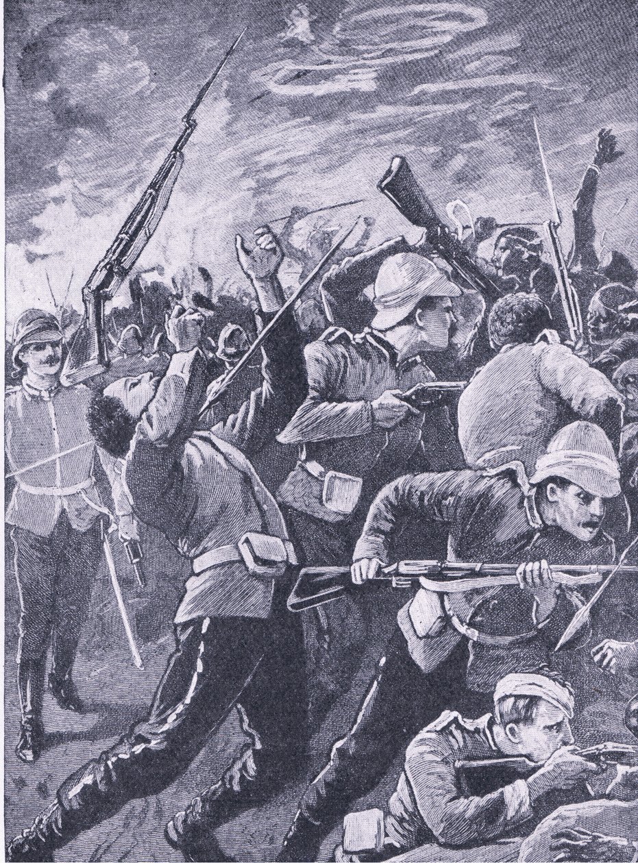Forsvaret av Rorkes Drift, illustrasjon fra British Battles on Land and Sea, 1915 av Richard Caton Woodville junior