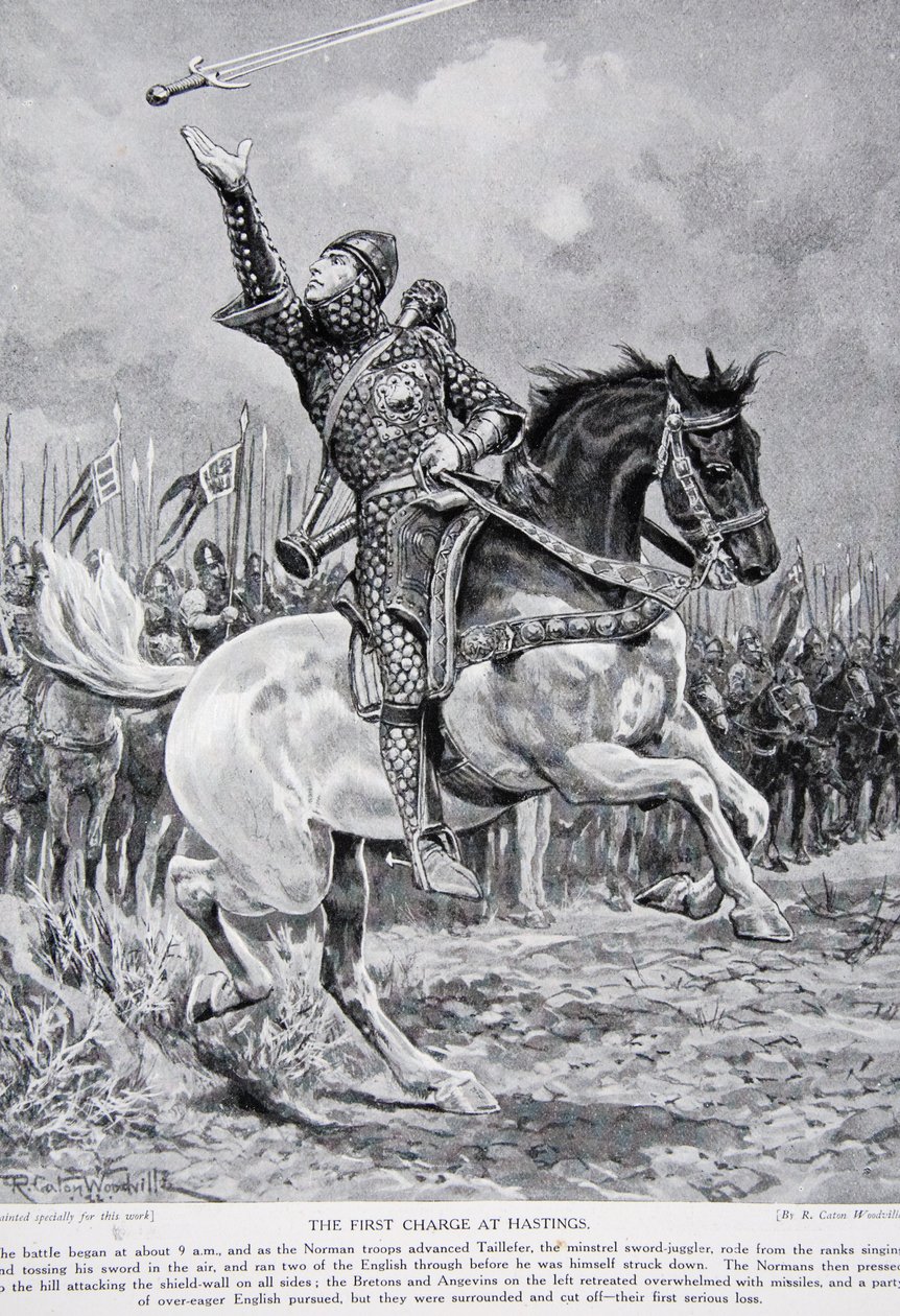 Den første anklagen ved Hastings: Taillefer, minstrel-sverdjongløren, red fra rekkene og sang og kastet sverdet i luften, 1066, illustrasjon fra 