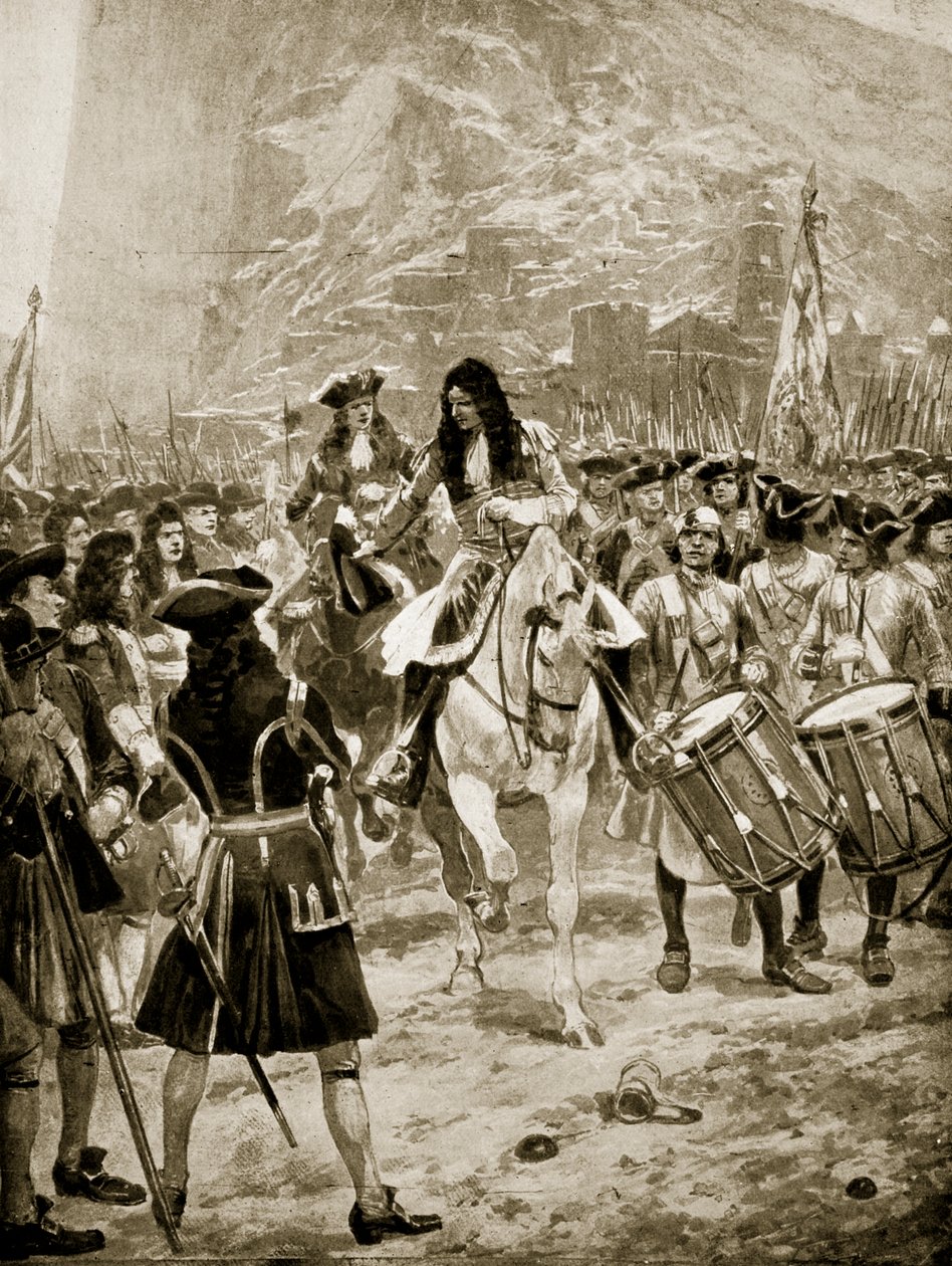 Overgivelsen av Gibralter til engelskmennene, 24. juli 1704, illustrasjon fra 'Hutchinson's Story of the British Nation', ca. 1923 av Richard Caton Woodville junior