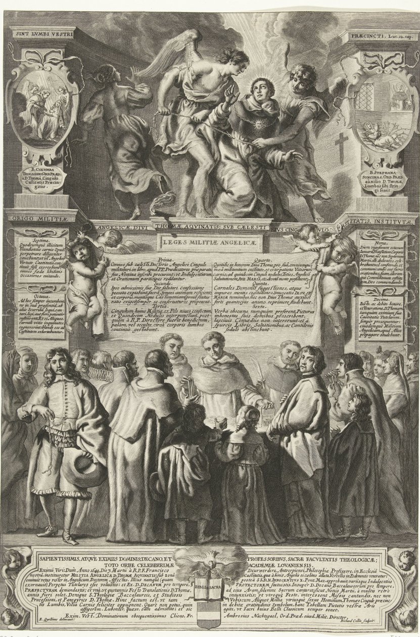 Instelling van de broederschap Militia Angelica av Thomas Aquinas, 1649 Opprinnelsen til englemilitsen, den guddommelige Thomas Aquinas; under hans himmelske kyskhetsbelte, innstiftet (tittel på objekt) av Richard Collin