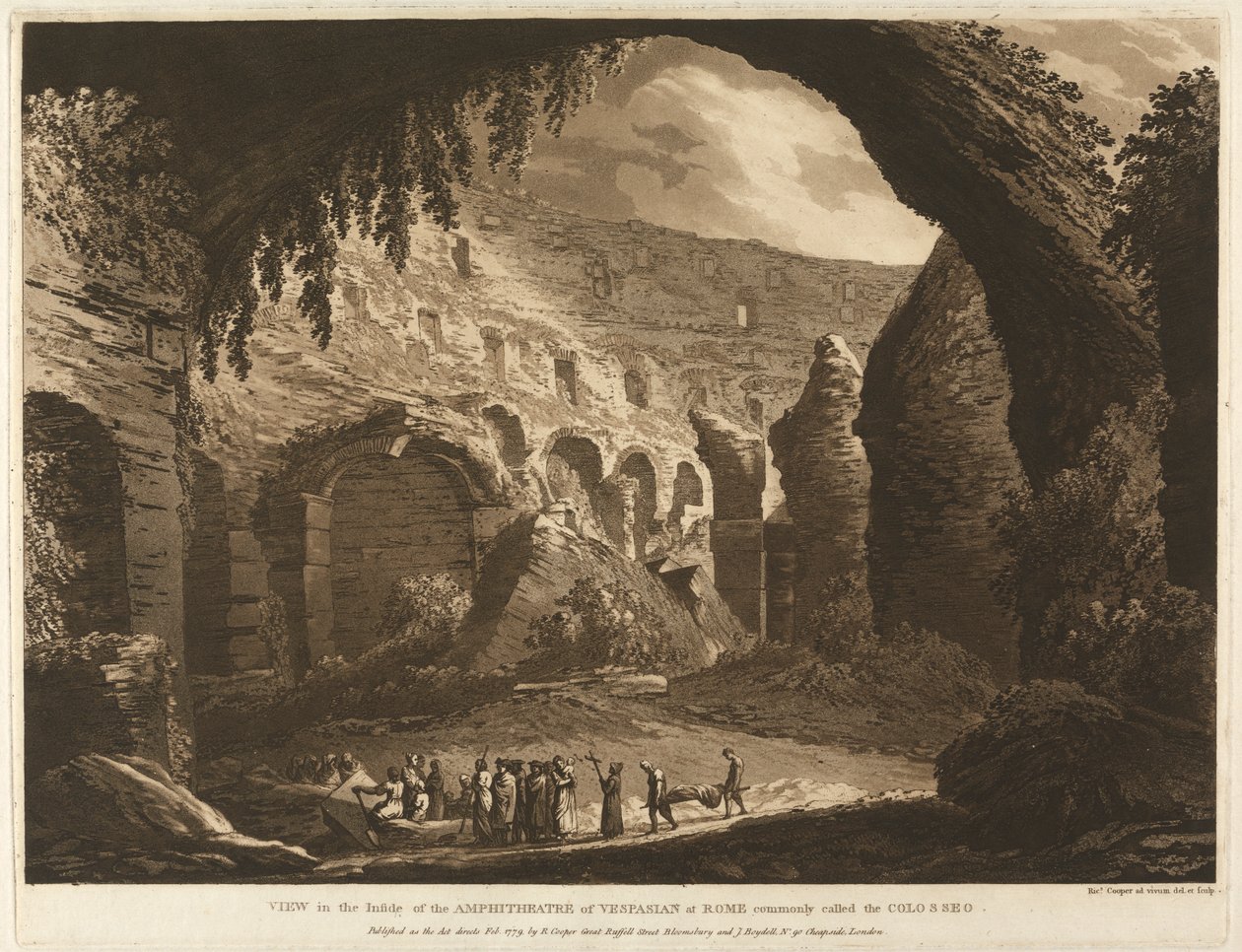 Utsikt på innsiden av Amphitheatre of Vespasion i Roma, vanligvis kalt Colosseo av Richard Cooper the Elder