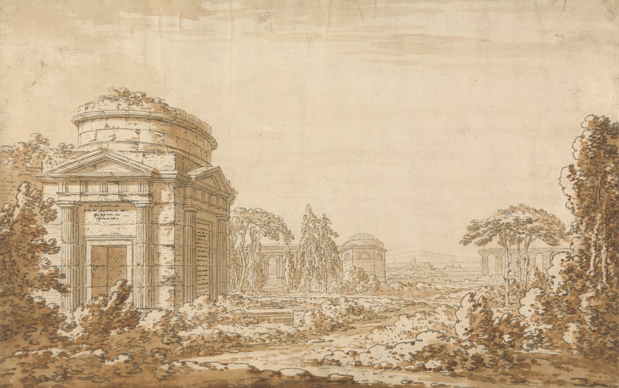 Klassisk italiensk landskap med templer og en ødelagt akvadukt av Richard Cooper the Younger