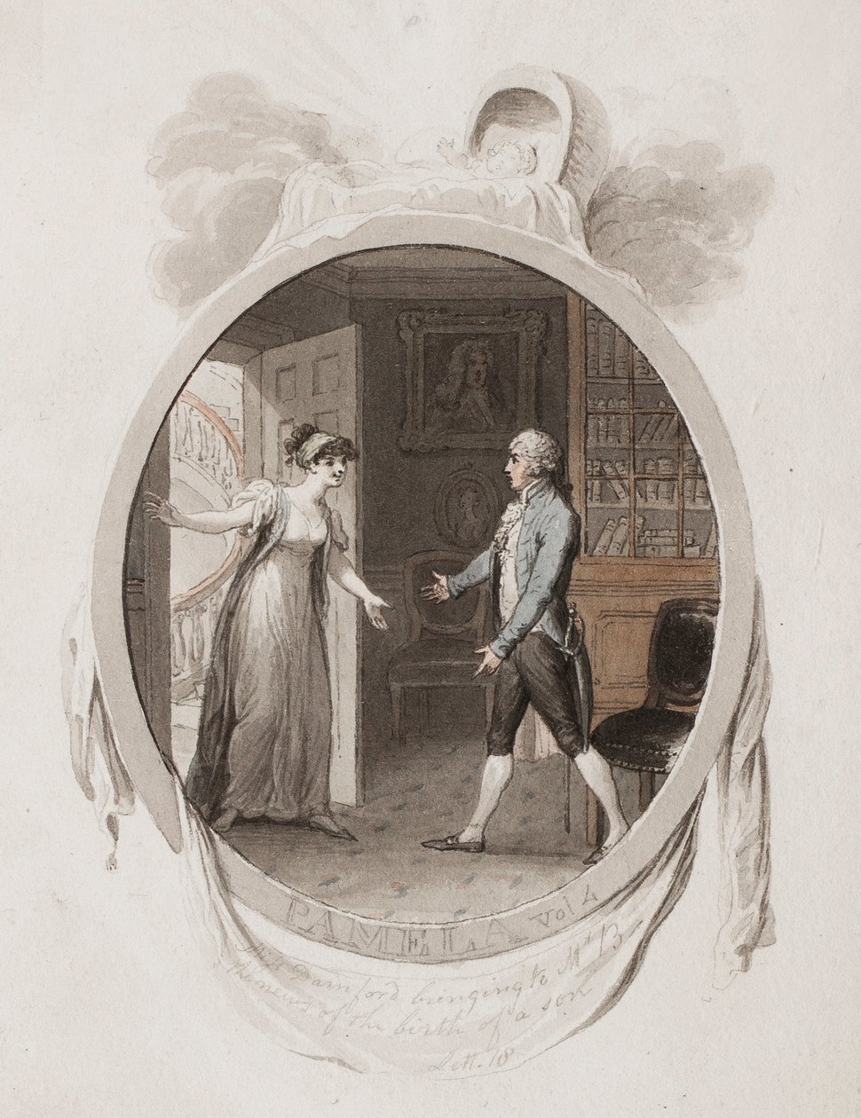 Frøken Darnford bringer til Mr B nyheten om fødselen av en sønn, Lett. 18, illustrasjon for en 1802-utgave av 