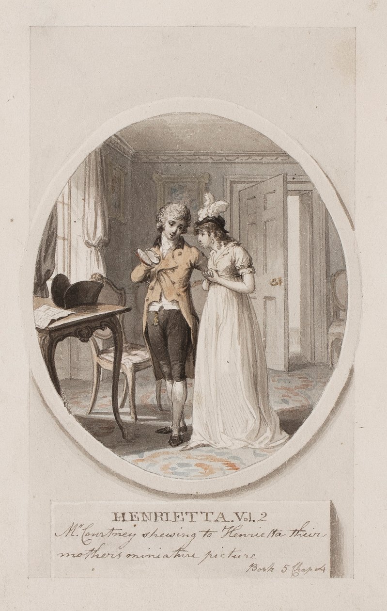 Mr Courtney viser Henrietta deres mors miniatyrbilde, bok 5, kapittel 4, illustrasjon for en 1798-utgave av 'Henrietta' av Charlotte Lennox, ca. 1798 (blyant og wc på papir) av Richard Corbould