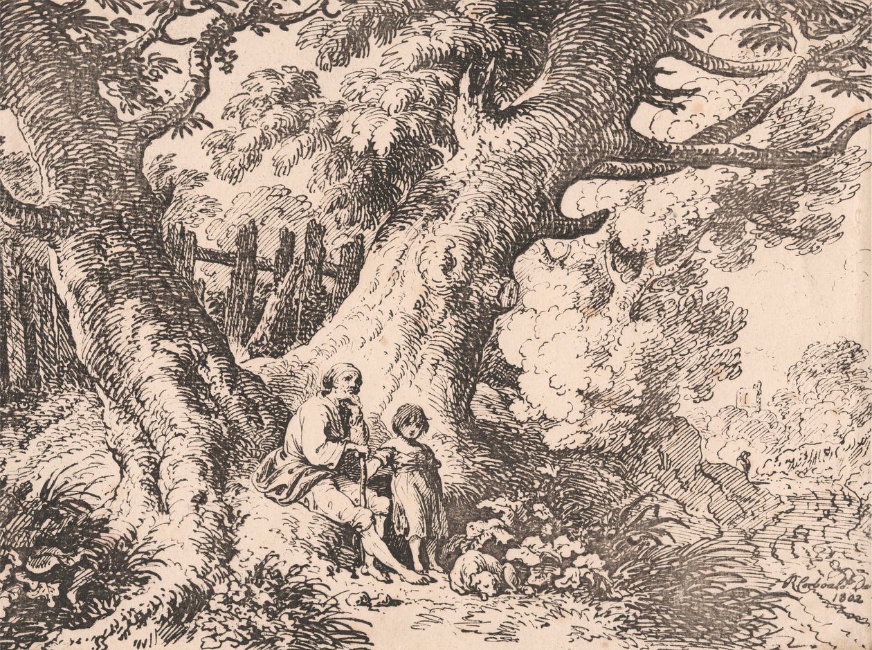 Gamle trær med gammel mann, barn og hund av Richard Corbould