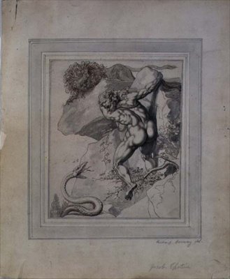 A Man Trapped Between a Lion and a Serpent, ca. 1790 (penn og brunt blekk, grå vask på papir) av Richard Cosway