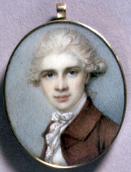 Portrett miniatyr av en ung mann i en brun frakk av Richard Cosway