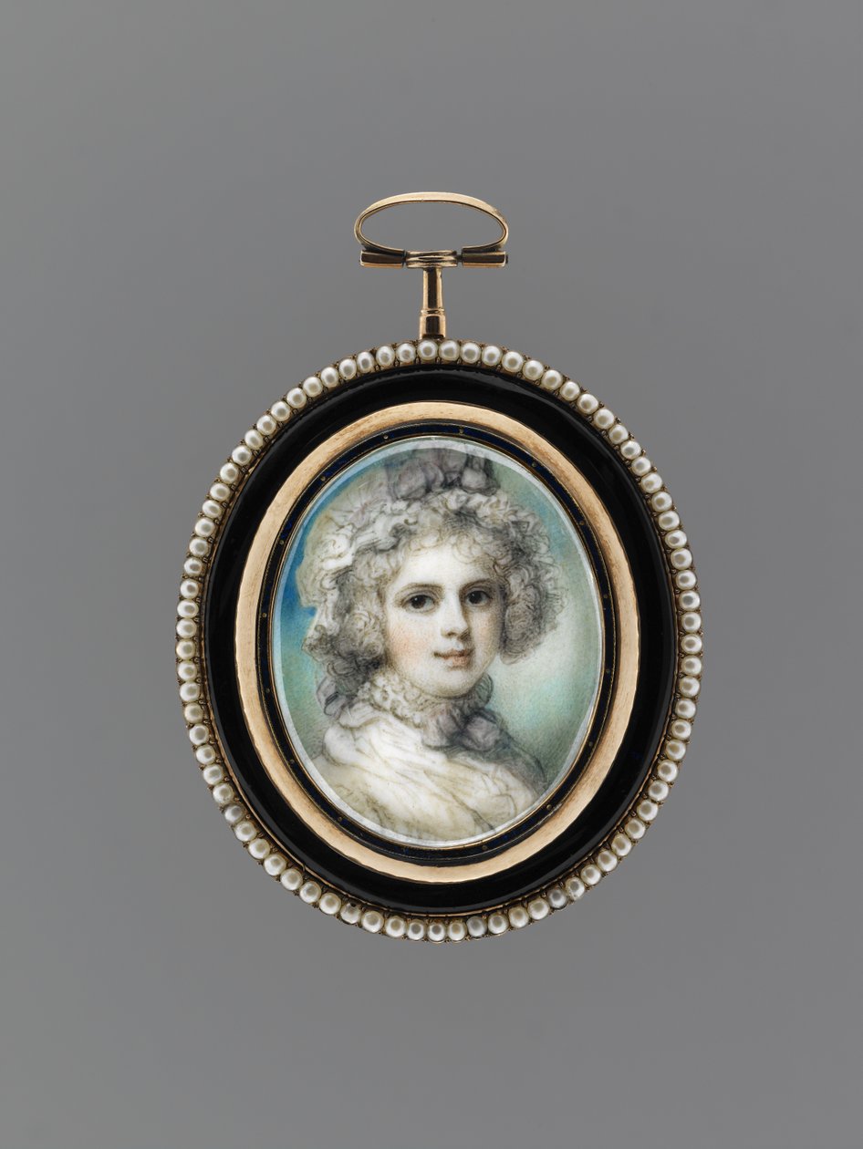 Portrait of a Woman, ca. 1785 (akvarell på elfenben, 9 karat rosa gull, frøperler, emalje og glass) av Richard Cosway