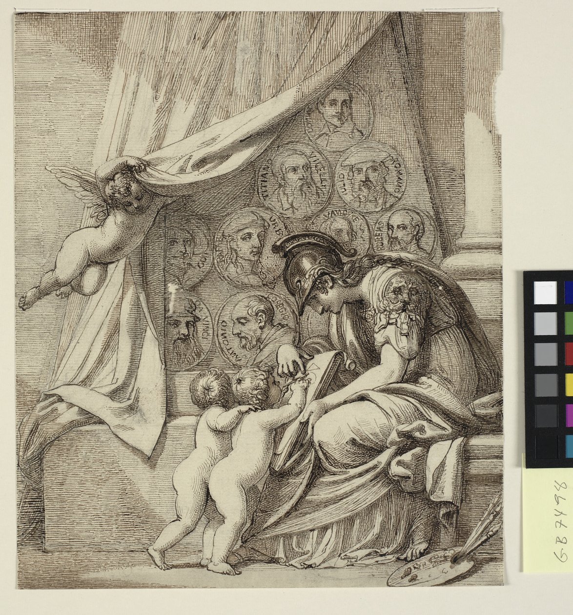 Det geniale ved å male. Minerva instruerer putti i malerkunsten. Design for Pierre Condés etsning, minnesmerke til Robert Udney Esq. av Richard Cosway