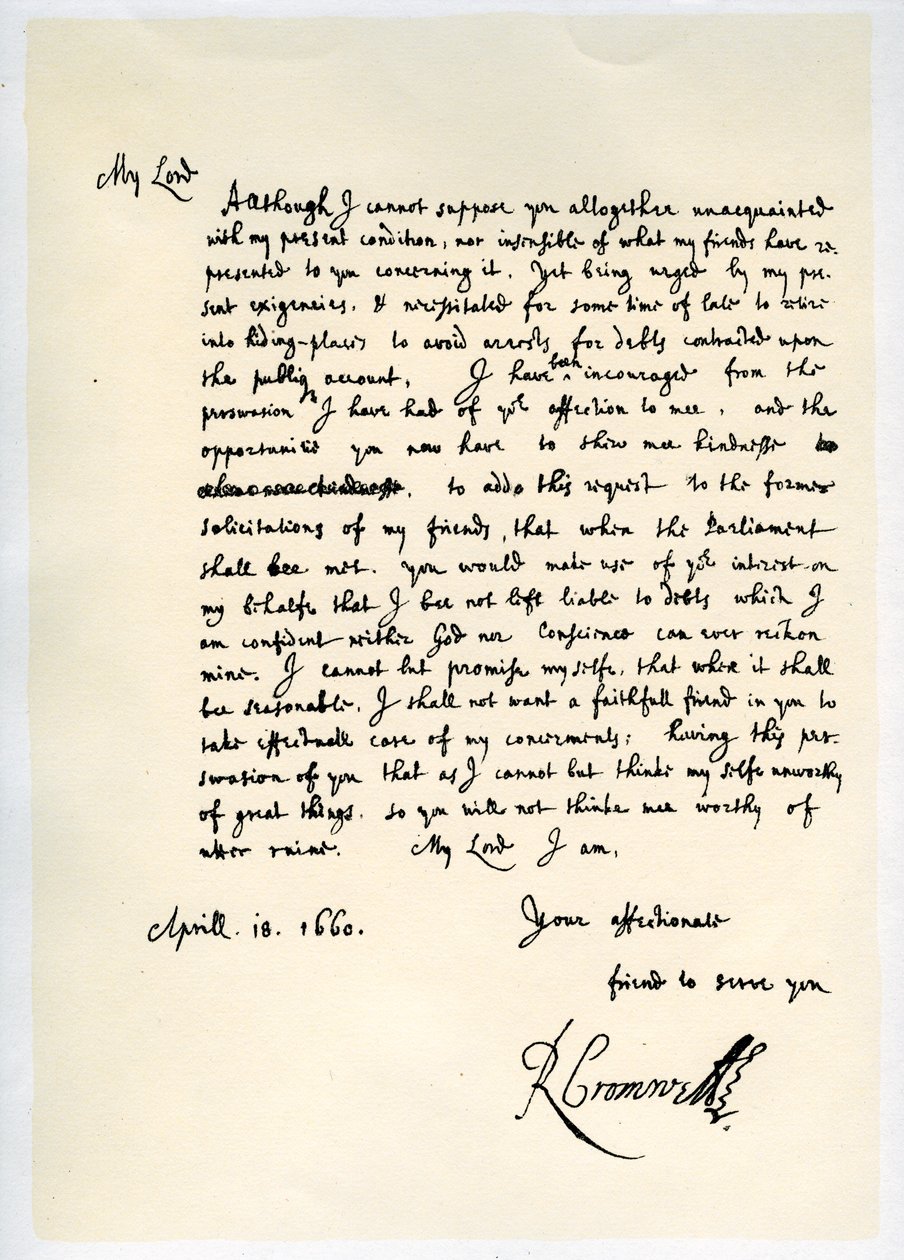 Brev fra Richard Cromwell, Lord Protector, til general George Monck, 18. april 1660. av Richard Cromwell