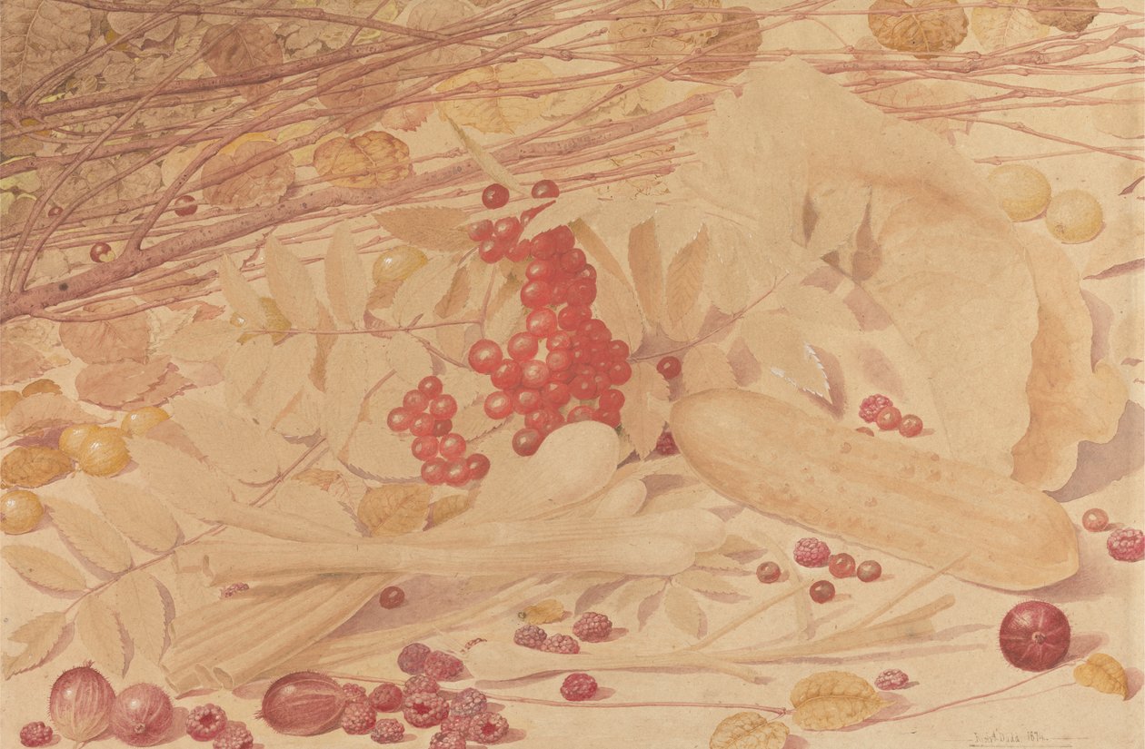Stilleben med stikkelsbær, bringebær, rips, vårløk, en agurk og løvverk av Richard Dadd