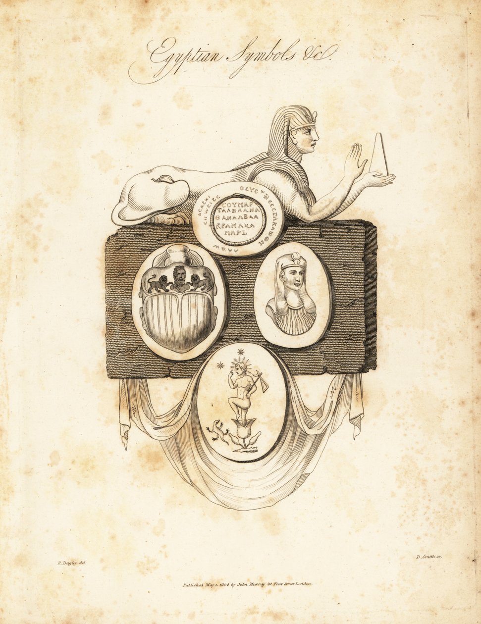 Egyptisk sphynx, skarabee, Horus, etc, 1823 (gravering) av Richard Dagley