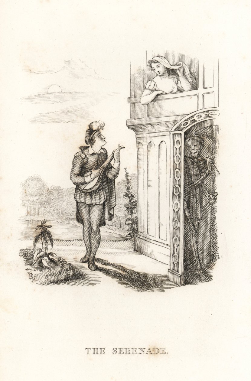 Dødens skjelett og en minstrel. ,1827 (gravering) av Richard Dagley