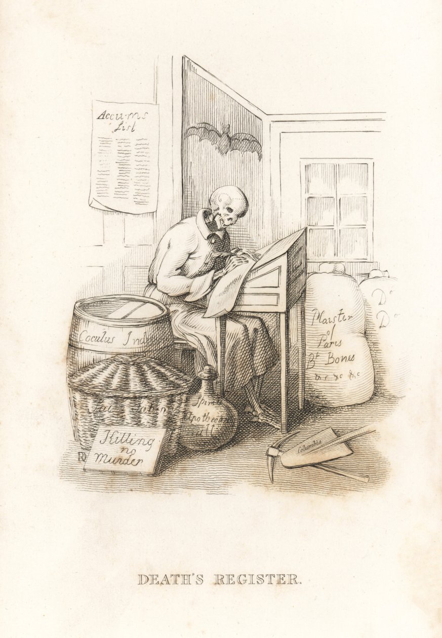 Dødens skjelett og hans hovedbok. ,1827 (gravering) av Richard Dagley
