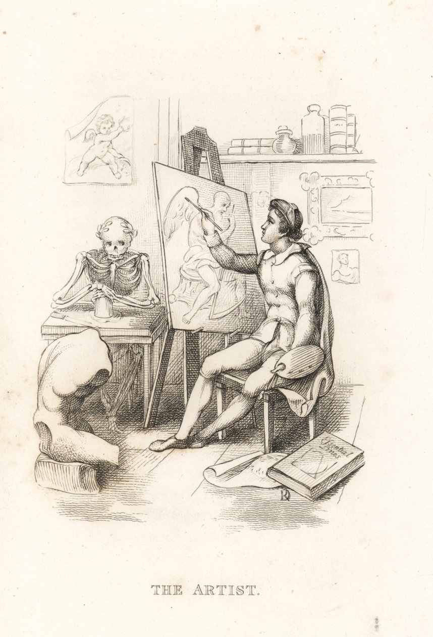 Skjelettet til døden og kunstneren., 1827 (gravering) av Richard Dagley