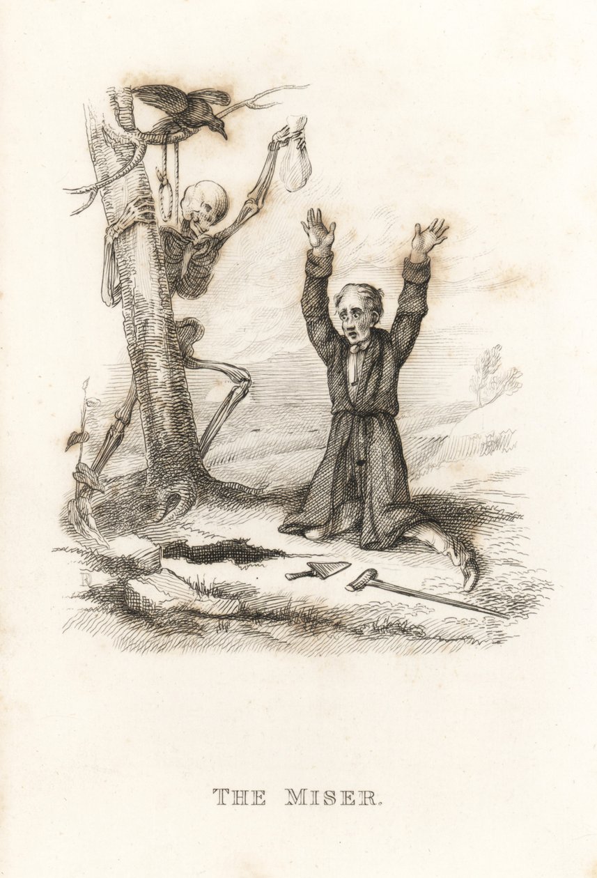 Skjelettet til Døden og snålen. ,1827 (gravering) av Richard Dagley