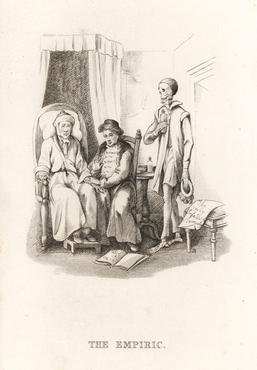 Dødens skjelett og kvakksalveren. ,1827 (gravering) av Richard Dagley