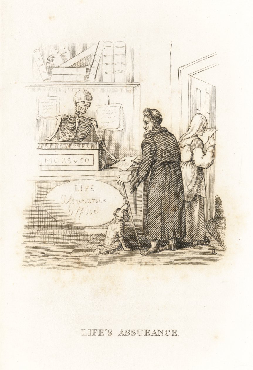 Dødens skjelett på forsikringskontoret. ,1827 (gravering) av Richard Dagley