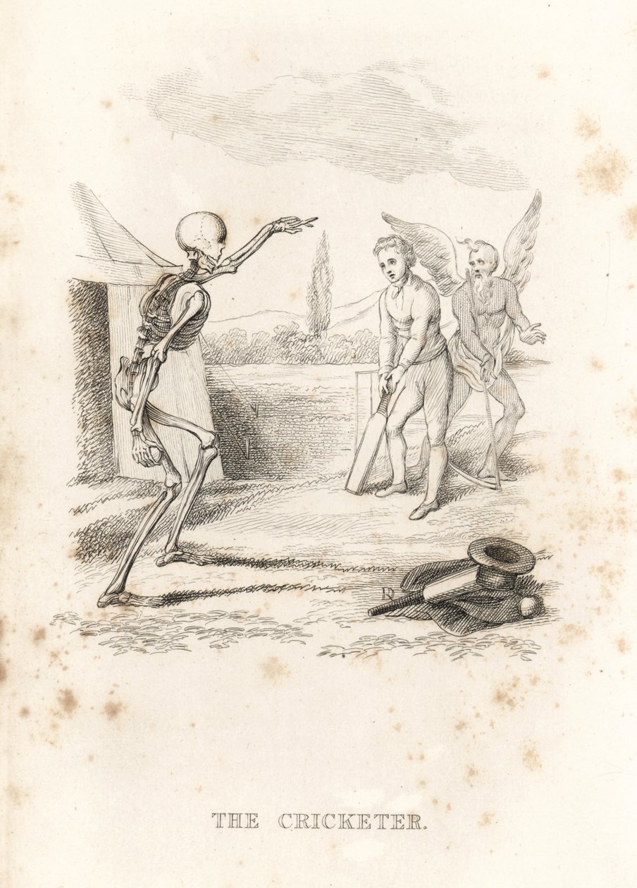 Skjelettet til Døden kaster en ball mot en cricketspiller på balltre., 1827 (gravering) av Richard Dagley