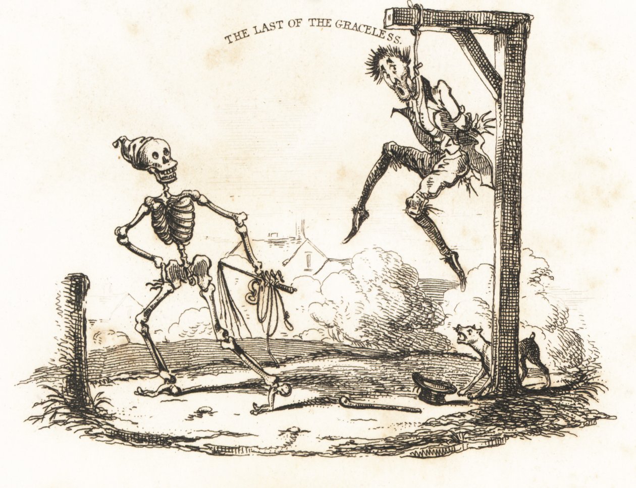 Vignett av et skjelett og en mann hengende fra en gibbet., 1827 (gravering) av Richard Dagley