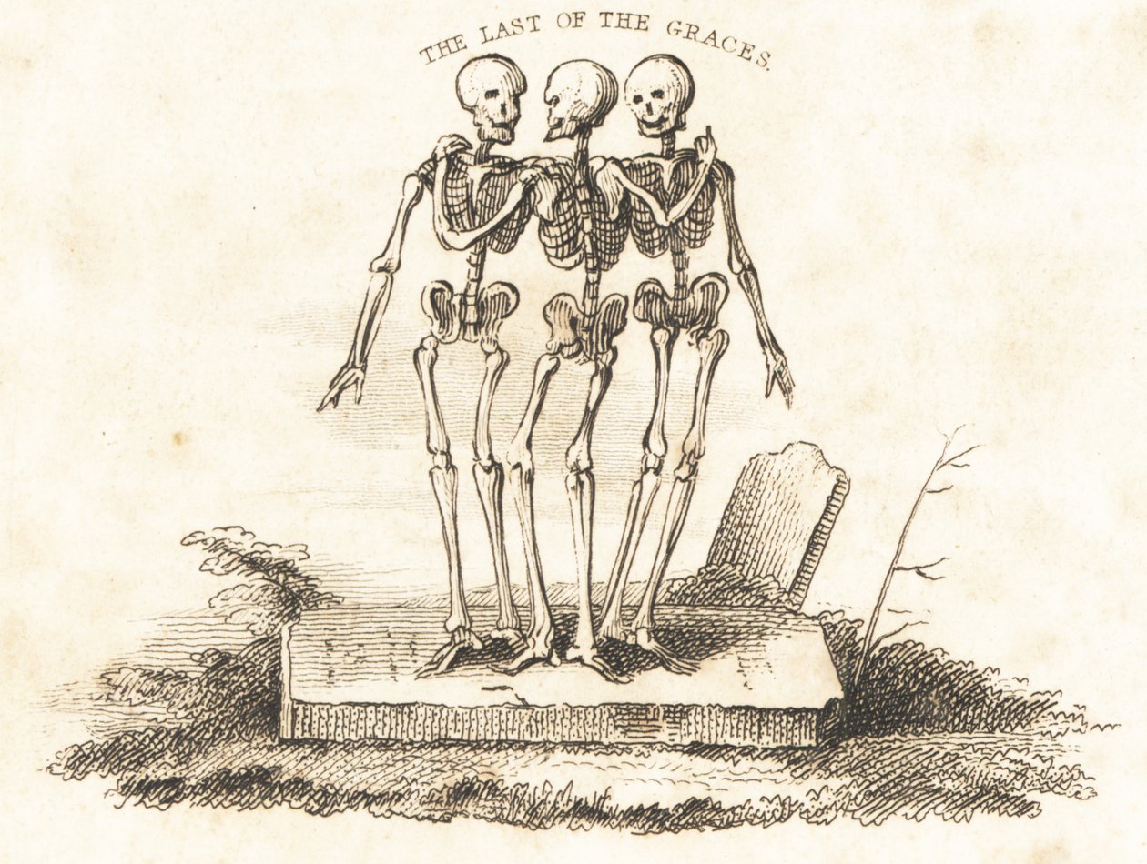 Vignett av tre skjeletter på en gravstein., 1827 (gravering) av Richard Dagley