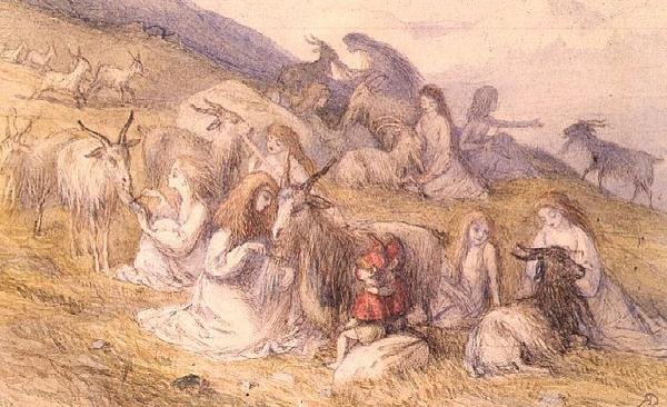 Jenter som grer skjegg av geiter (akvarell og penn og brunt blekk) av Richard Doyle