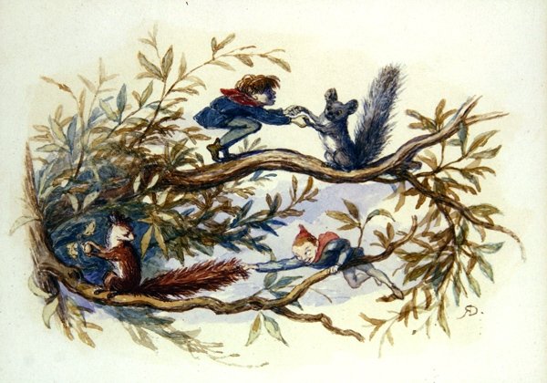 Nisser og ekorn (akvarell på papir) av Richard Doyle