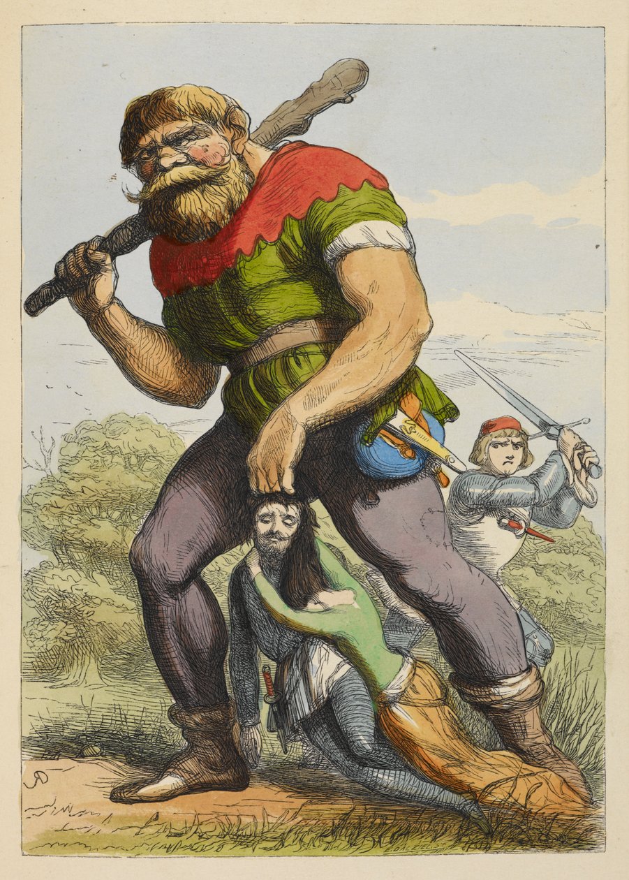 Jack nærmer seg en gigant bakfra. Kjempen drar en ridder av det runde bordet i håret. En dame holder fast i ridderen. Fargeillustrasjon i en barnebok. av Richard Doyle