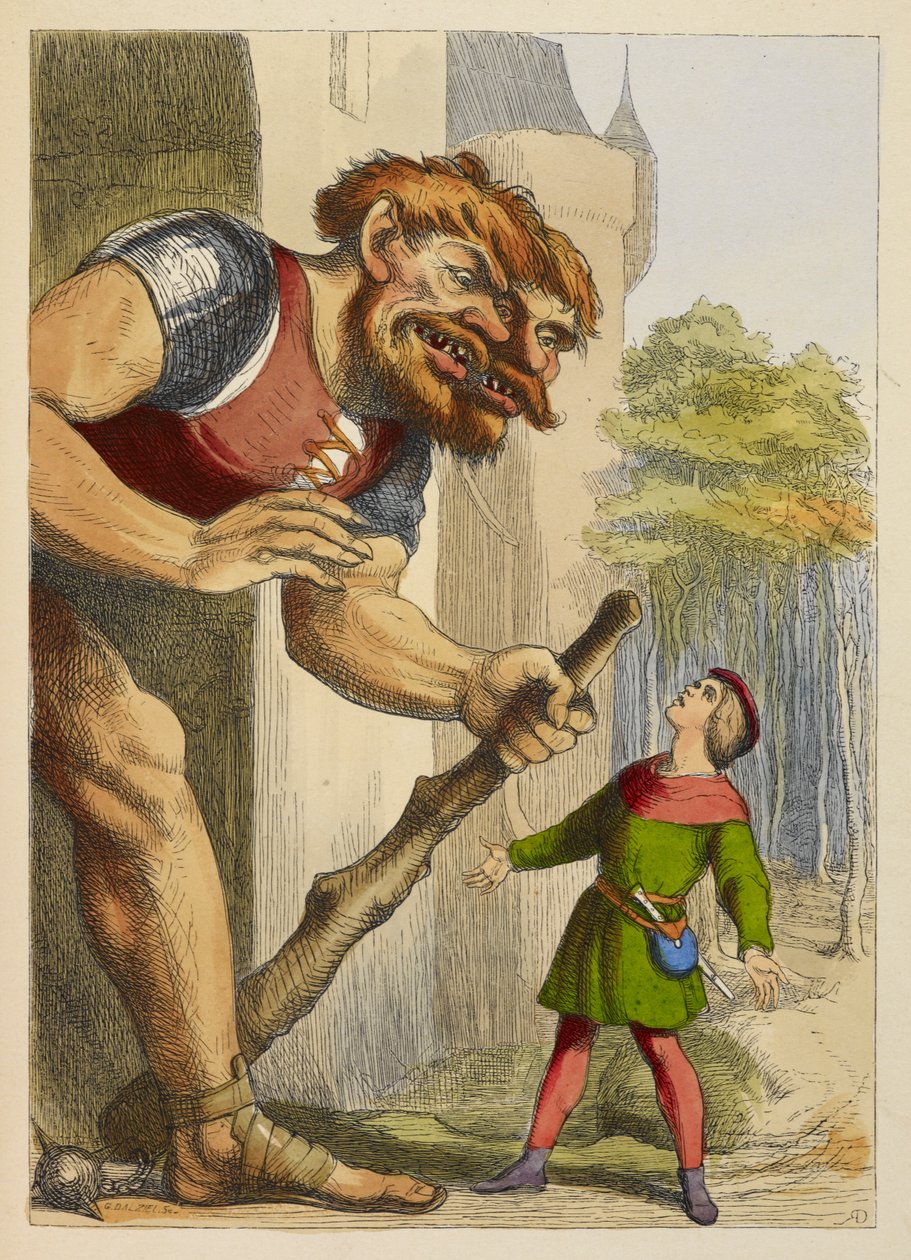 Jack ser opp på en gigant som har to hoder. Kjempen er walisisk. Fargeillustrasjon i en barnebok. av Richard Doyle
