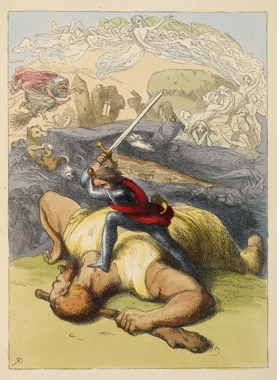 Jack står på kroppen til en kjempe, med hevet sverd. Fargeillustrasjon i en barnebok. av Richard Doyle