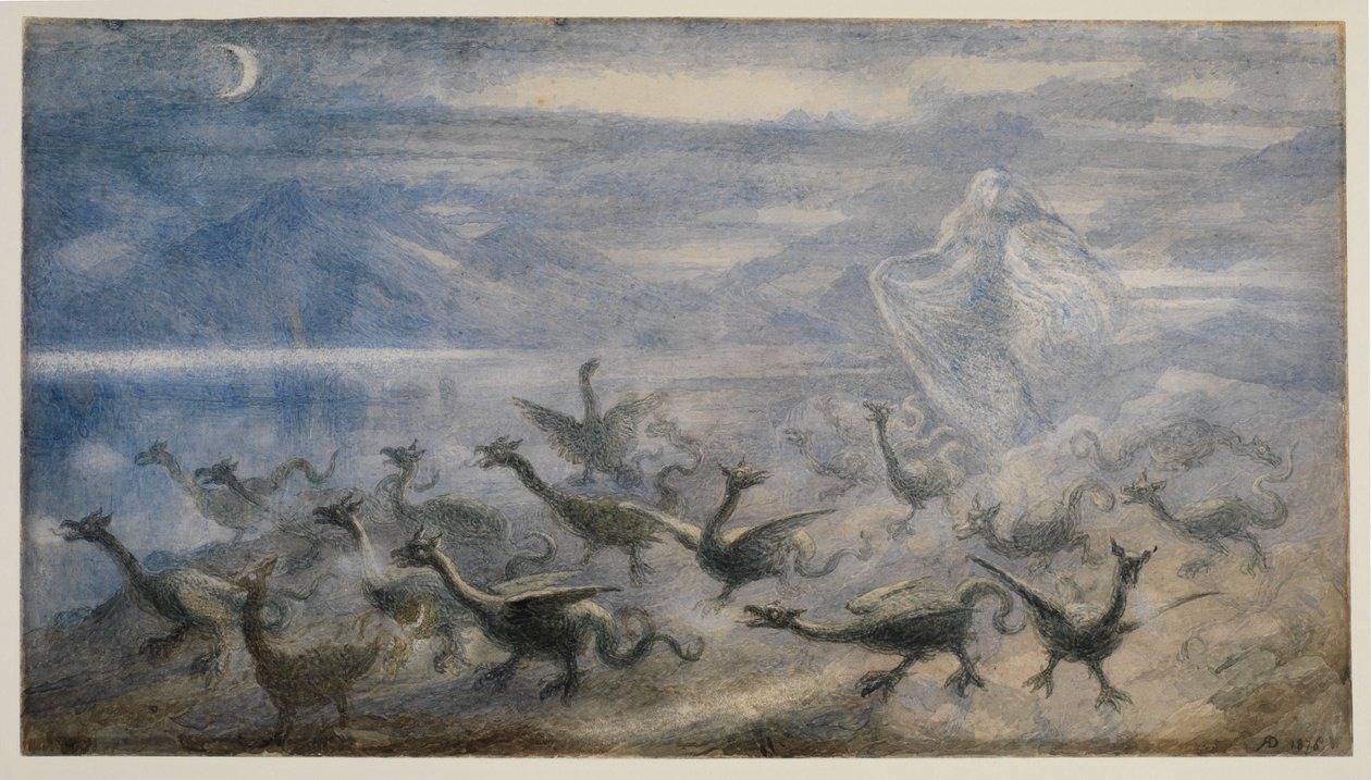 Månebelyst landskap, med en heks og unge drager, 1876 av Richard Doyle